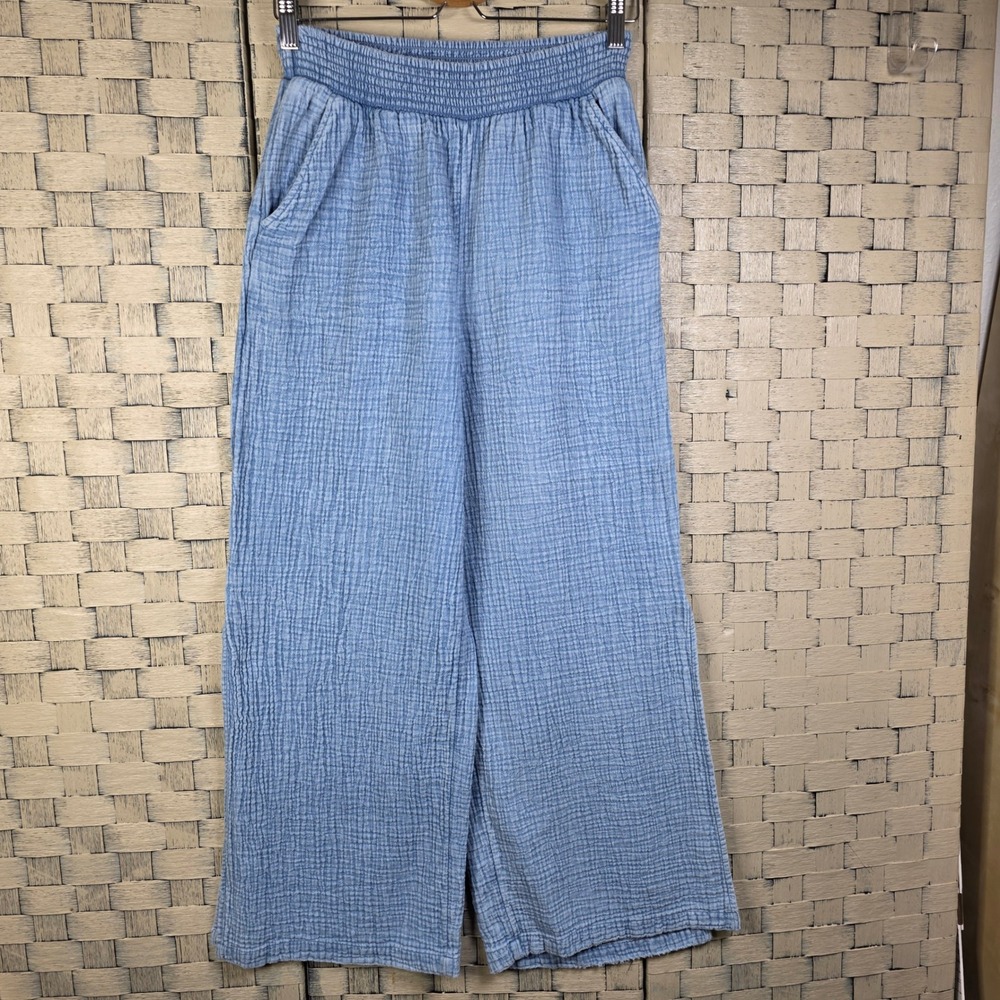 Aerie Wide Leg Pants Womens Medium Blue Gauze Smocked Waist Distressed Hem